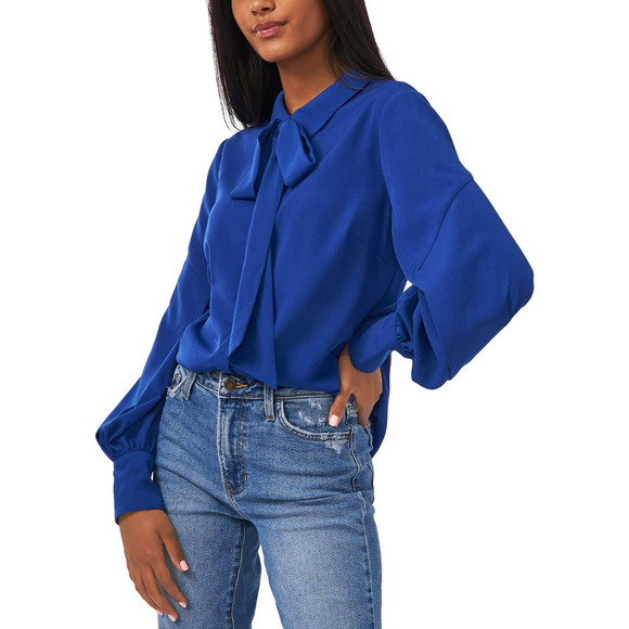 Riley & Rae Blue Tie Neck Blouse - Small - Women's Work Top - Picture 2 of 3